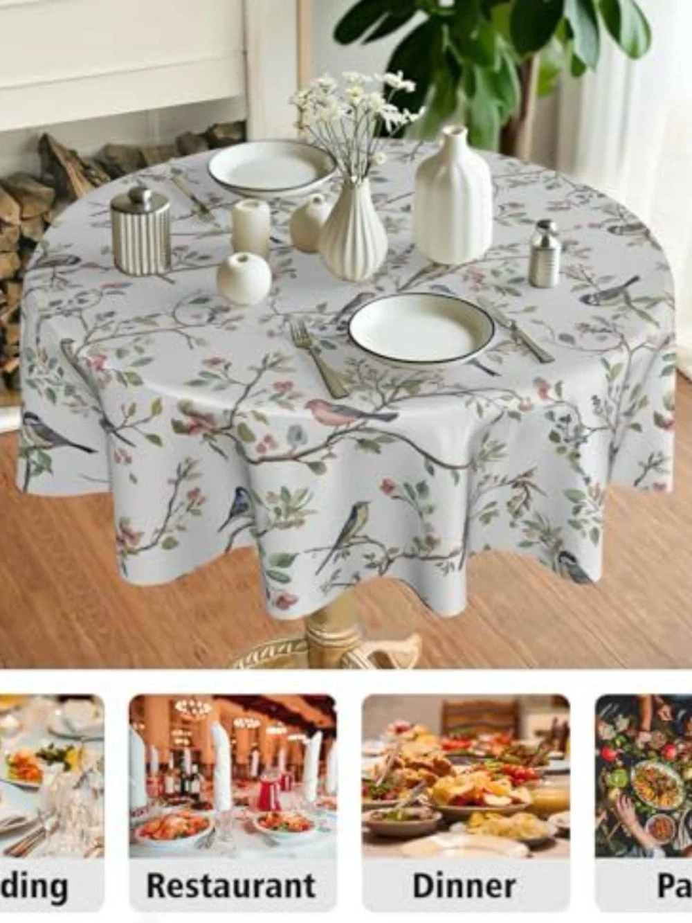 White Floral & Bird Print Round Tablecloth